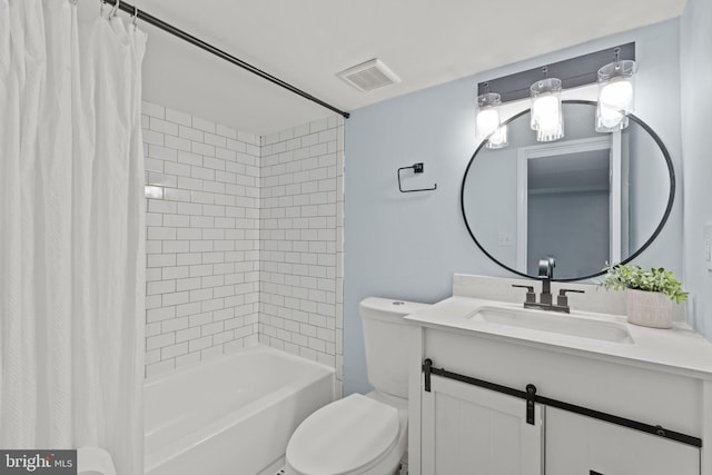 bathroom featuring vanity, toilet, shower / bathtub combination with curtain, and visible vents