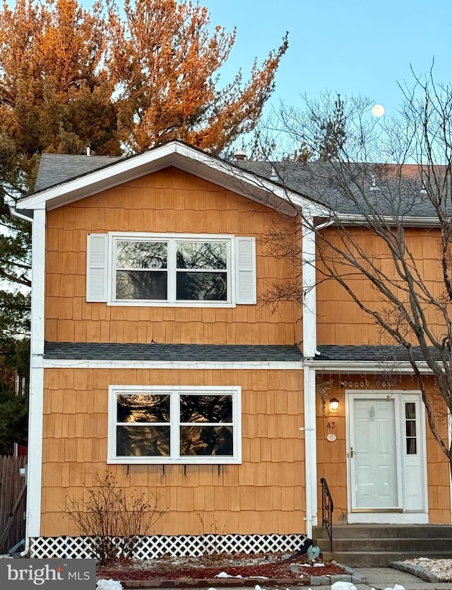 view of side of home featuring entry steps and roof with shingles