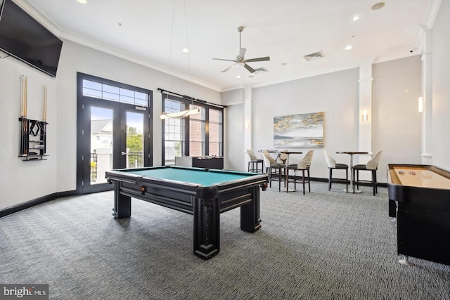 game room with carpet floors, ornamental molding, pool table, and visible vents