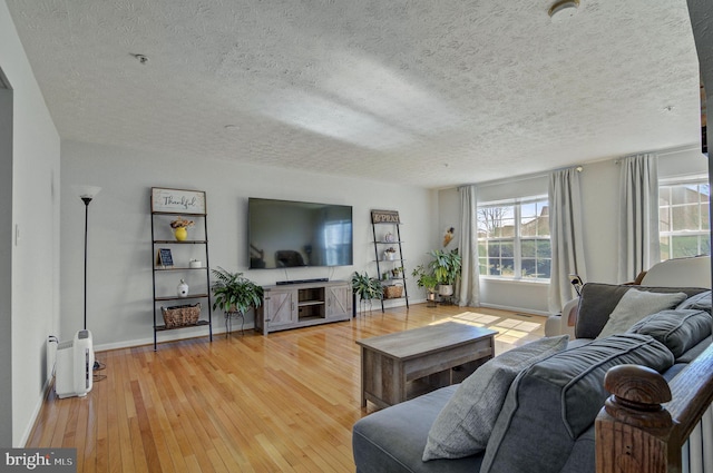 living room with a textured ceiling, hardwood / wood-style floors, and baseboards