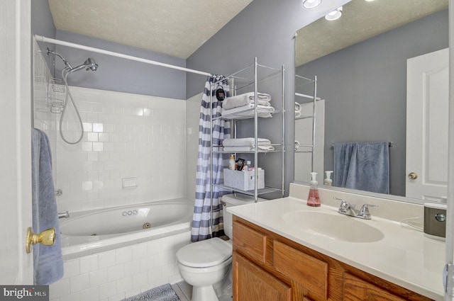 bathroom featuring shower / tub combo with curtain, a textured ceiling, toilet, and vanity