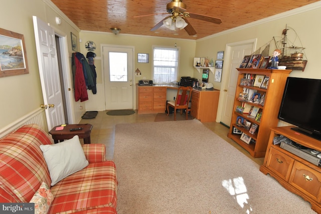 living area featuring ornamental molding, wooden ceiling, and ceiling fan