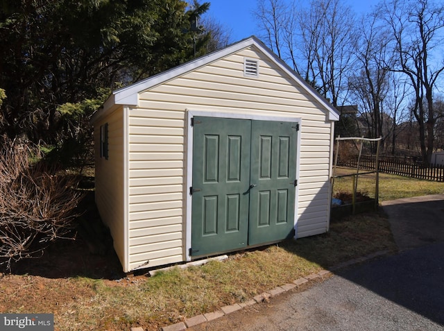 view of shed with fence