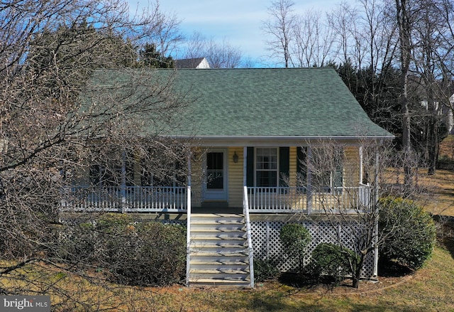 view of front facade featuring stairs, a porch, and roof with shingles