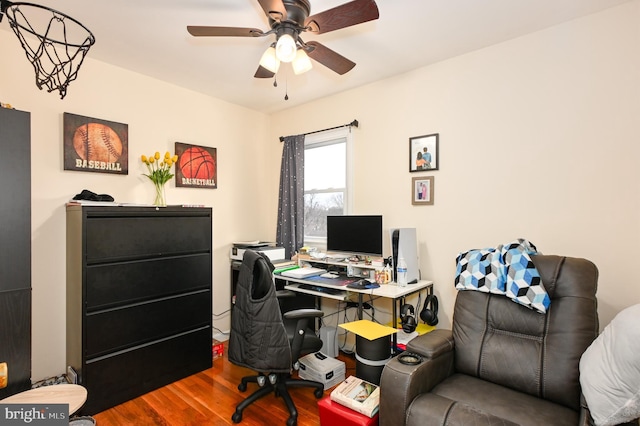 office space with ceiling fan and wood finished floors