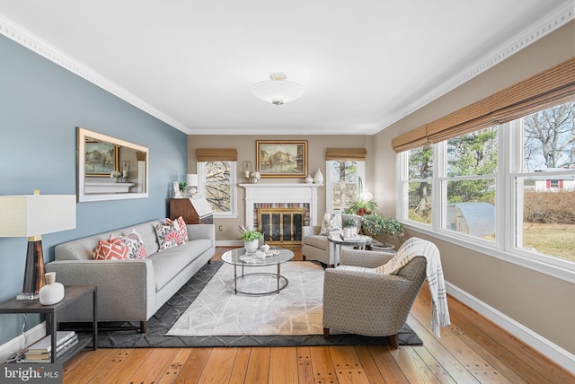 living area with hardwood / wood-style flooring, a healthy amount of sunlight, and baseboards