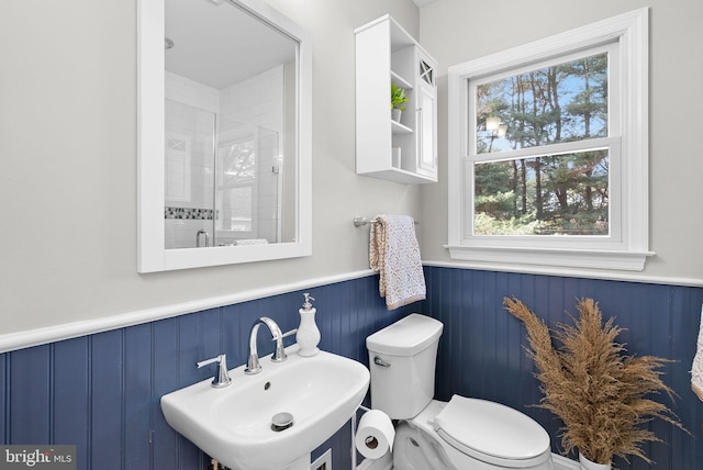 bathroom featuring a shower stall, toilet, wainscoting, and a sink