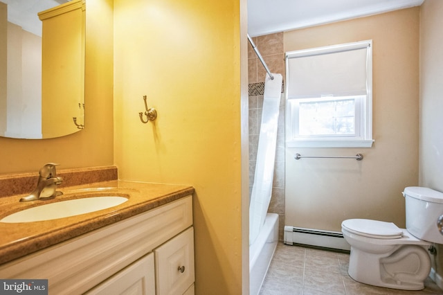 full bathroom featuring toilet, tile patterned floors, shower / bath combo with shower curtain, vanity, and a baseboard heating unit