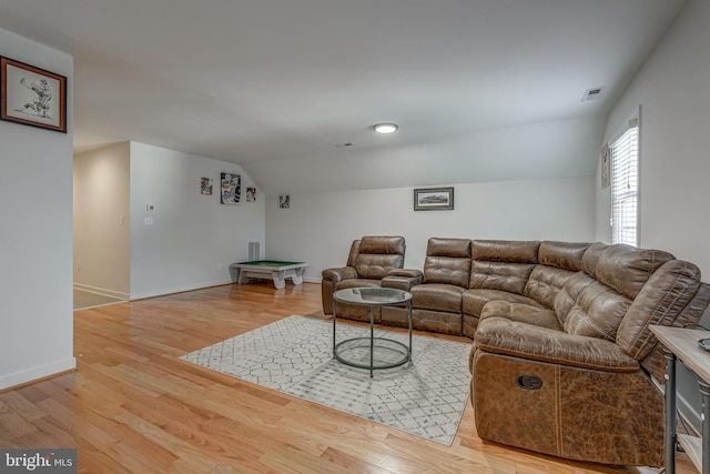 living room with pool table, visible vents, vaulted ceiling, wood finished floors, and baseboards