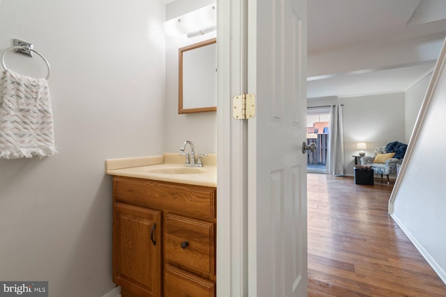 bathroom featuring baseboards, wood finished floors, and vanity