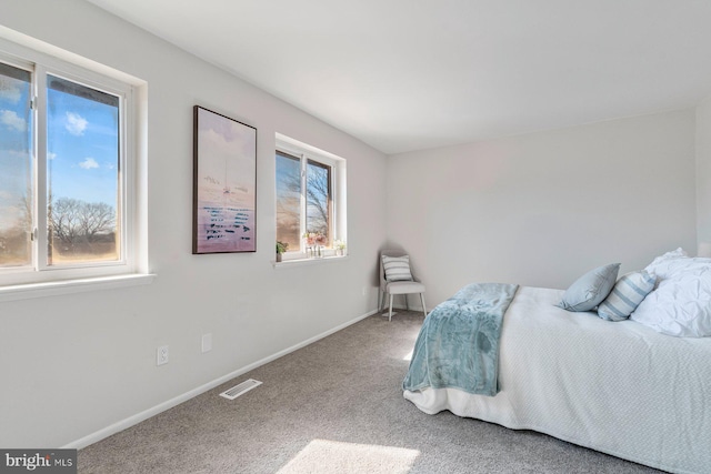 bedroom featuring carpet floors, visible vents, and baseboards