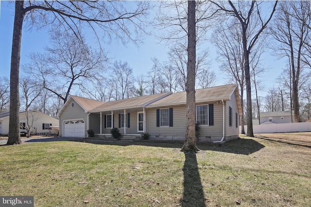 ranch-style home with crawl space, a garage, a front yard, and fence