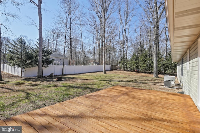 wooden terrace with a yard, central AC unit, and a fenced backyard