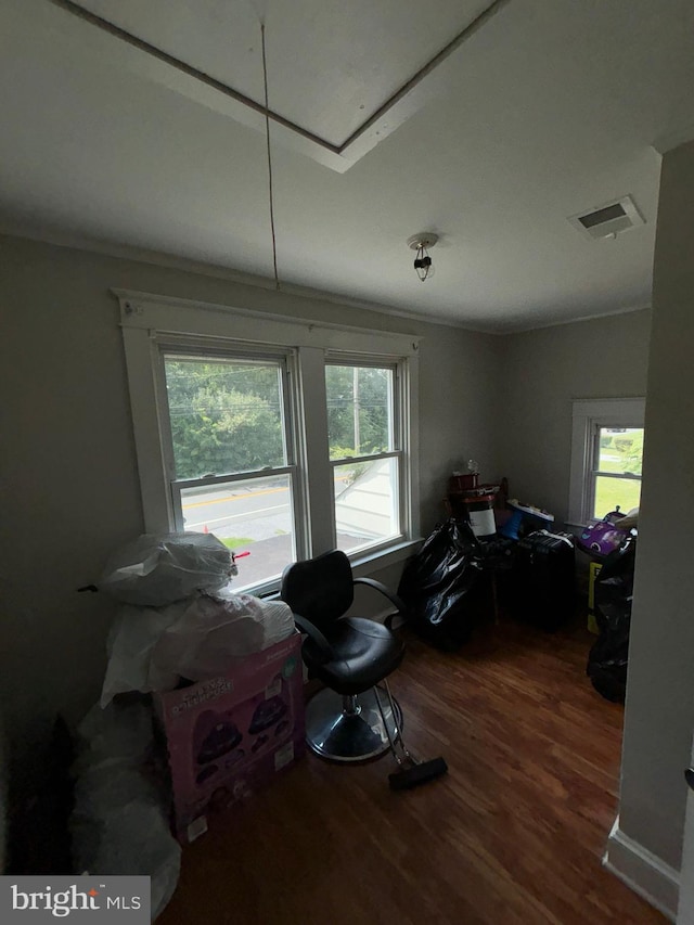 interior space featuring attic access, a healthy amount of sunlight, visible vents, and wood finished floors