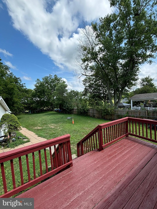 deck featuring a yard and a fenced backyard