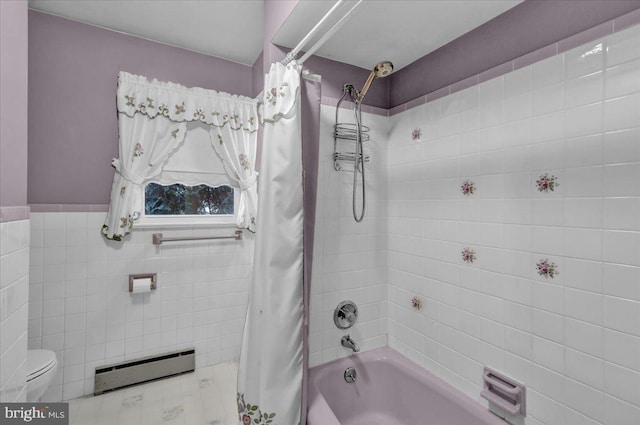 bathroom featuring shower / bathtub combination with curtain, toilet, tile walls, and baseboard heating