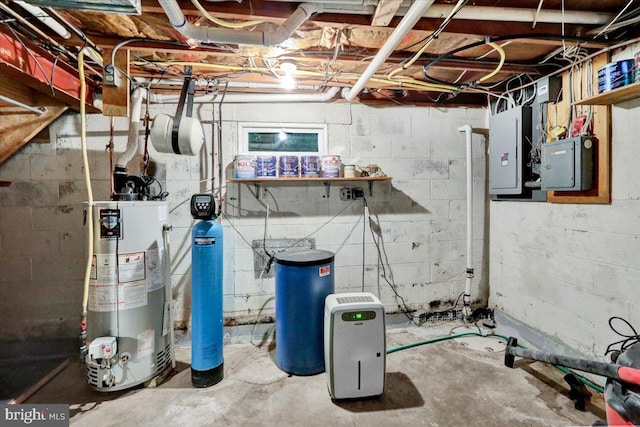 interior space featuring electric panel and water heater