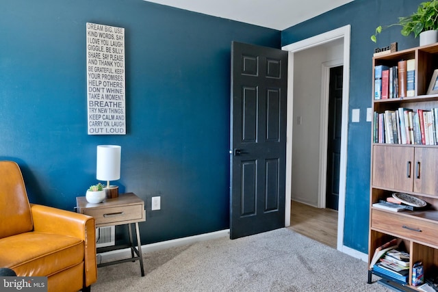 sitting room featuring baseboards and carpet flooring