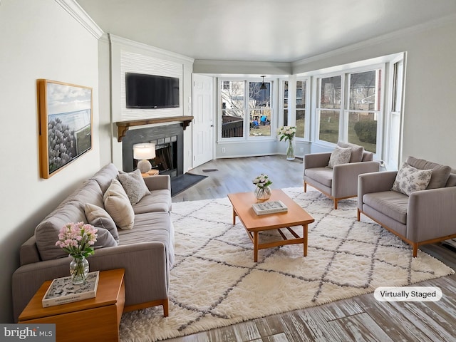 living room featuring crown molding, a fireplace, and wood finished floors