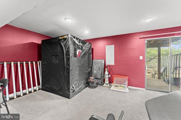 game room featuring carpet, electric panel, and baseboards