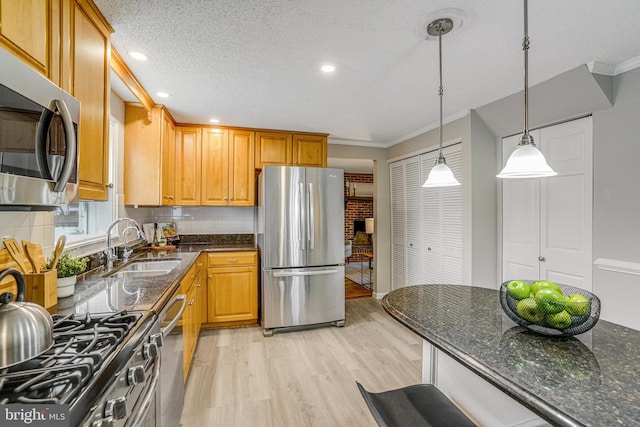 kitchen featuring light wood finished floors, stainless steel appliances, ornamental molding, a sink, and dark stone countertops