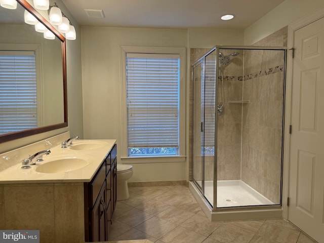 2114 Split Creek Ln, Hanover, MD 21076 - bathroom with tile patterned flooring, double vanity, a shower stall, and recessed lighting