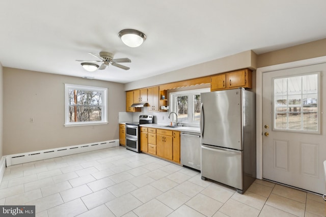 kitchen featuring appliances with stainless steel finishes, baseboard heating, light countertops, under cabinet range hood, and a sink