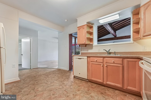 kitchen with open shelves, white appliances, a sink, light countertops, and light brown cabinetry