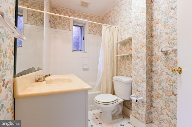 bathroom with wallpapered walls, shower / bath combo, visible vents, toilet, and vanity