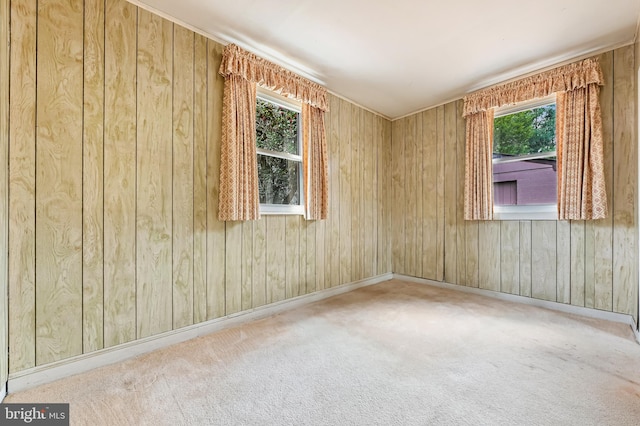 carpeted empty room featuring wood walls and baseboards