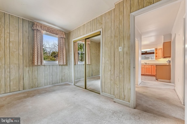 unfurnished room with light carpet, wooden walls, and a sink