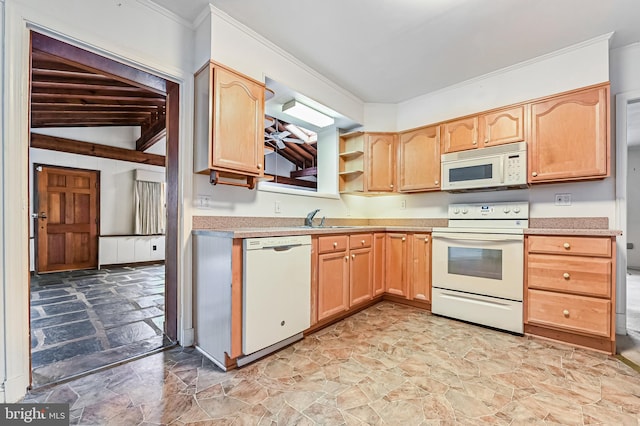 kitchen with white appliances, stone finish floor, light countertops, crown molding, and a sink