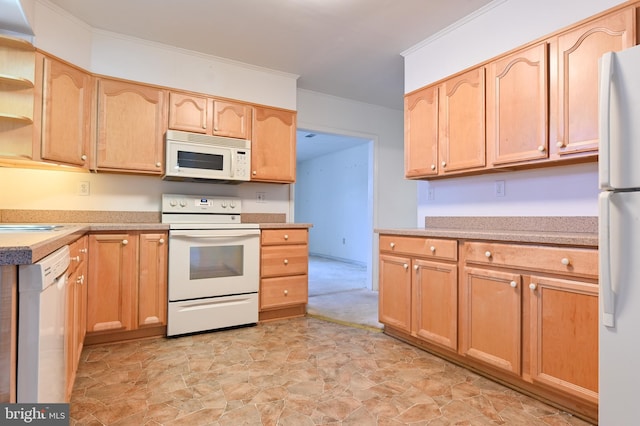 kitchen featuring light brown cabinetry, white appliances, and light countertops