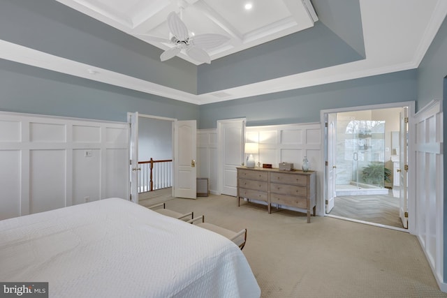 bedroom with crown molding, ceiling fan, light carpet, a decorative wall, and coffered ceiling