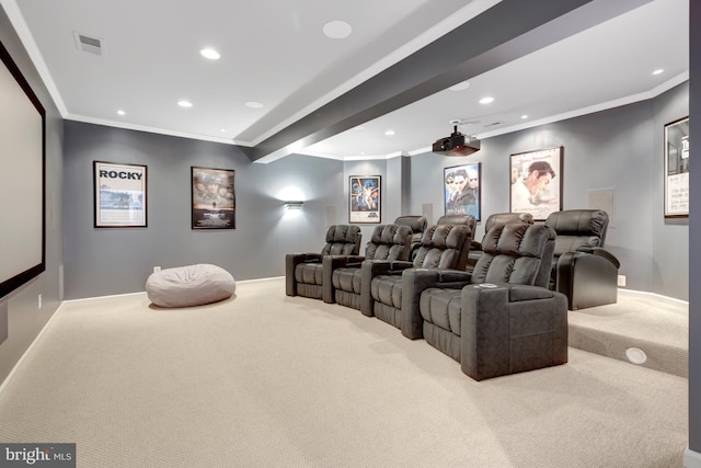 carpeted cinema with crown molding, recessed lighting, and visible vents