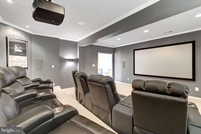 cinema with recessed lighting, ornamental molding, baseboards, and carpet floors