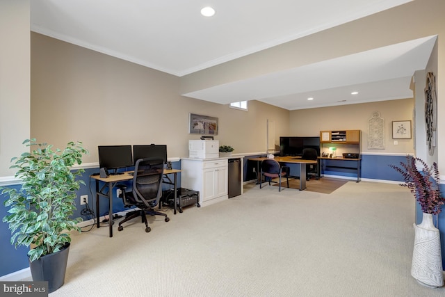 office with recessed lighting, light colored carpet, and ornamental molding