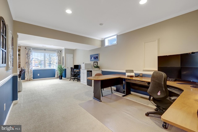 office featuring carpet, a healthy amount of sunlight, and crown molding