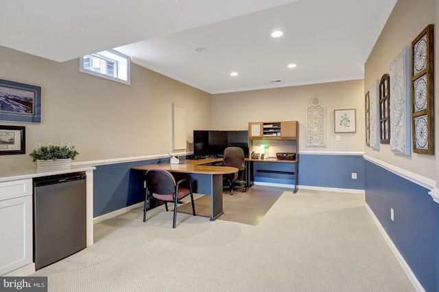 office featuring crown molding, recessed lighting, light colored carpet, and baseboards