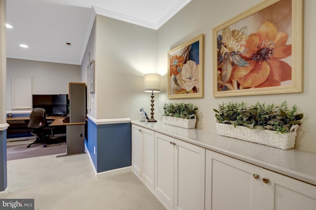 hall featuring ornamental molding, recessed lighting, baseboards, and light carpet