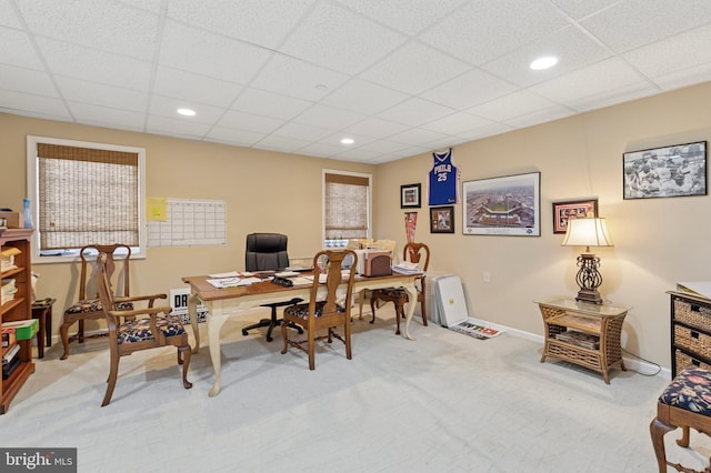 carpeted office featuring baseboards, a drop ceiling, and recessed lighting