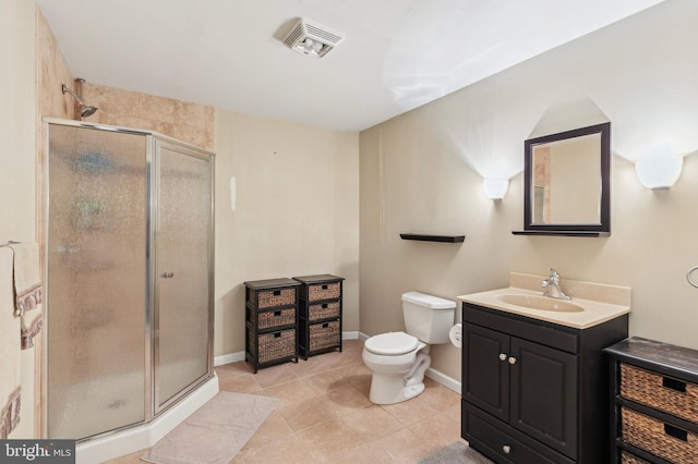 full bathroom with visible vents, baseboards, toilet, vanity, and a shower stall