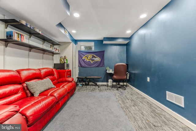 home theater room with baseboards, visible vents, carpet flooring, and recessed lighting