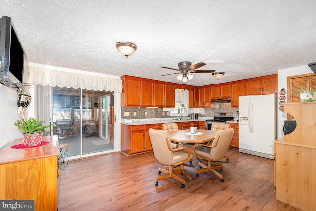 kitchen with light wood finished floors, electric range, decorative backsplash, light countertops, and white refrigerator with ice dispenser