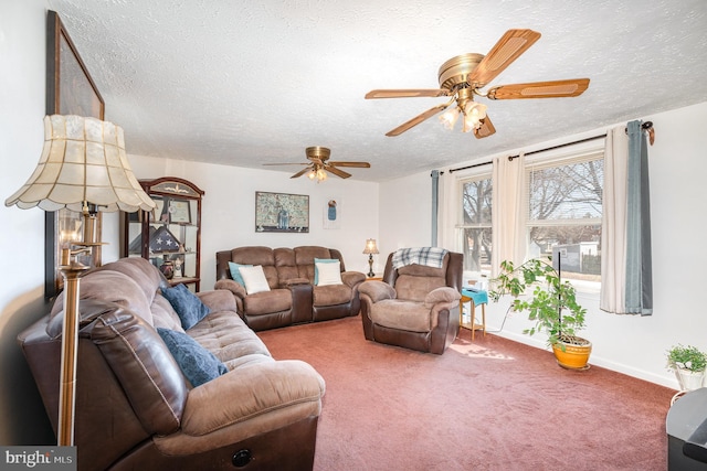 carpeted living room with a textured ceiling and baseboards