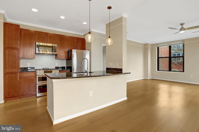 kitchen with wood finished floors, stainless steel appliances, crown molding, pendant lighting, and a sink