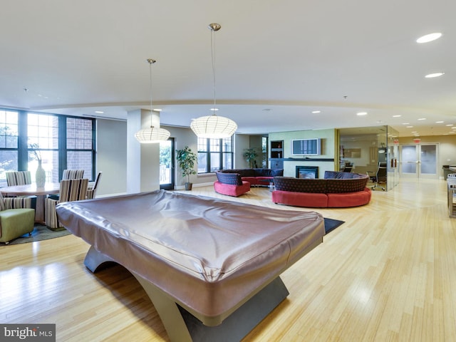 rec room featuring pool table, wood finished floors, a wealth of natural light, and recessed lighting