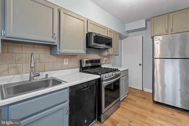 kitchen with a sink, decorative backsplash, light wood-style flooring, and stainless steel appliances