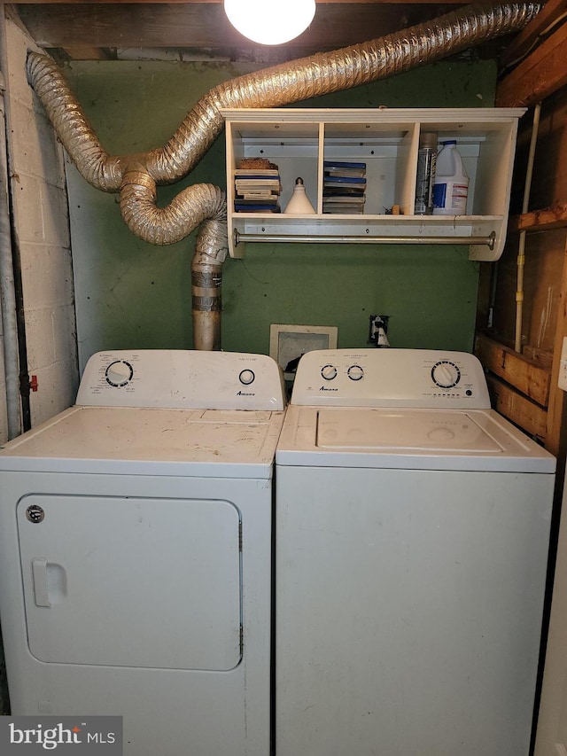 laundry area featuring laundry area, independent washer and dryer, and concrete block wall