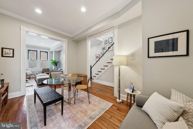 1619 Marion St NW, Washington, DC 20001 - dining space featuring ornamental molding, stairway, hardwood / wood-style floors, baseboards, and recessed lighting